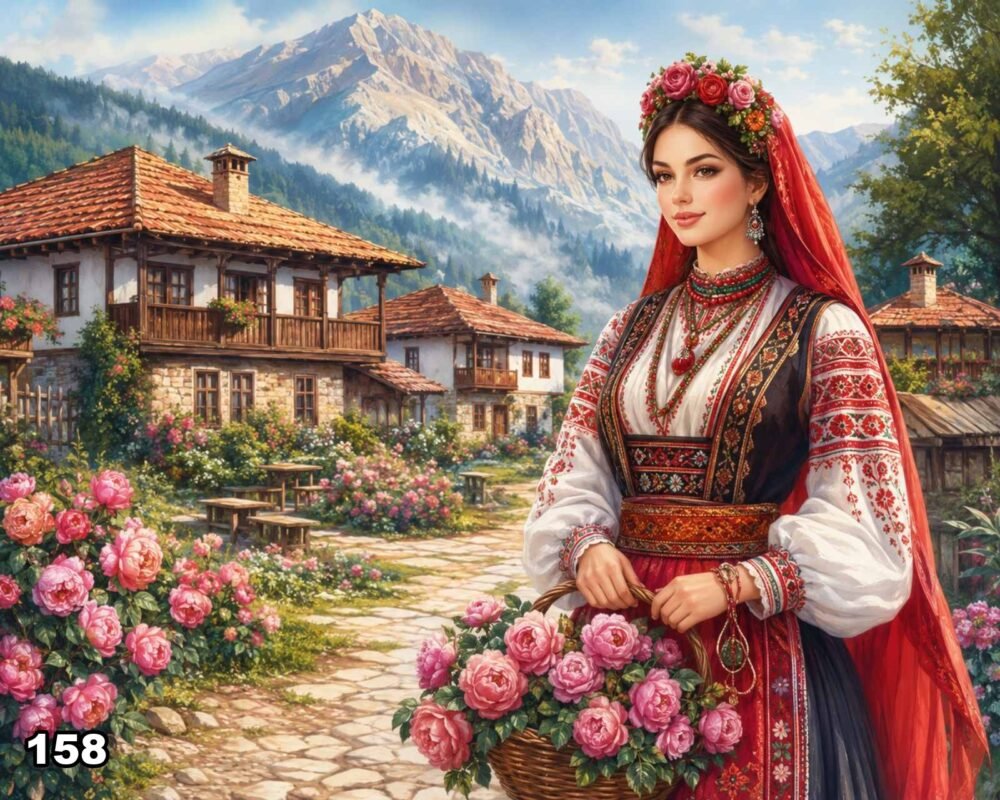 Диамантен гоблен „Мома с рози пред планината“ 158 · 50×40 см