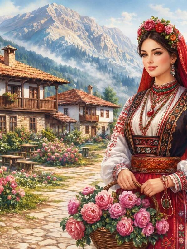 Диамантен гоблен „Мома с рози пред планината“ 158 · 50×40 см