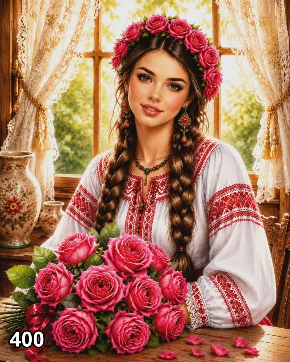 Диамантен гоблен „Мома с рози до прозореца“ 400 · 50×40 см