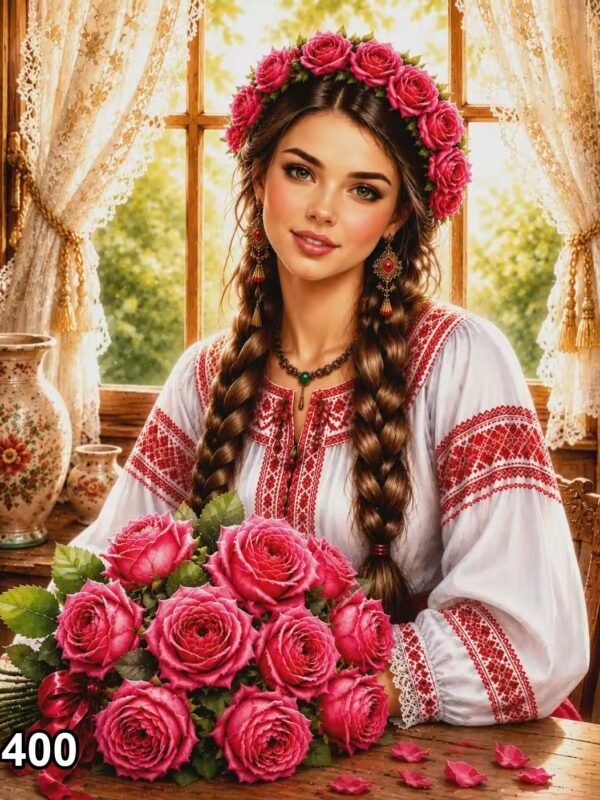 Диамантен гоблен „Мома с рози до прозореца“ 400 · 50×40 см