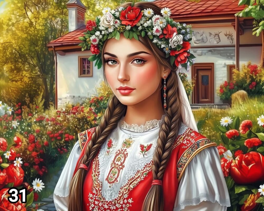 Диамантен гоблен „Мома с венец пред къщата“ 31 · 50×40 см