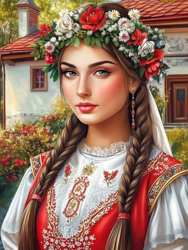 Диамантен гоблен „Мома с венец пред къщата“ 31 · 50×40 см