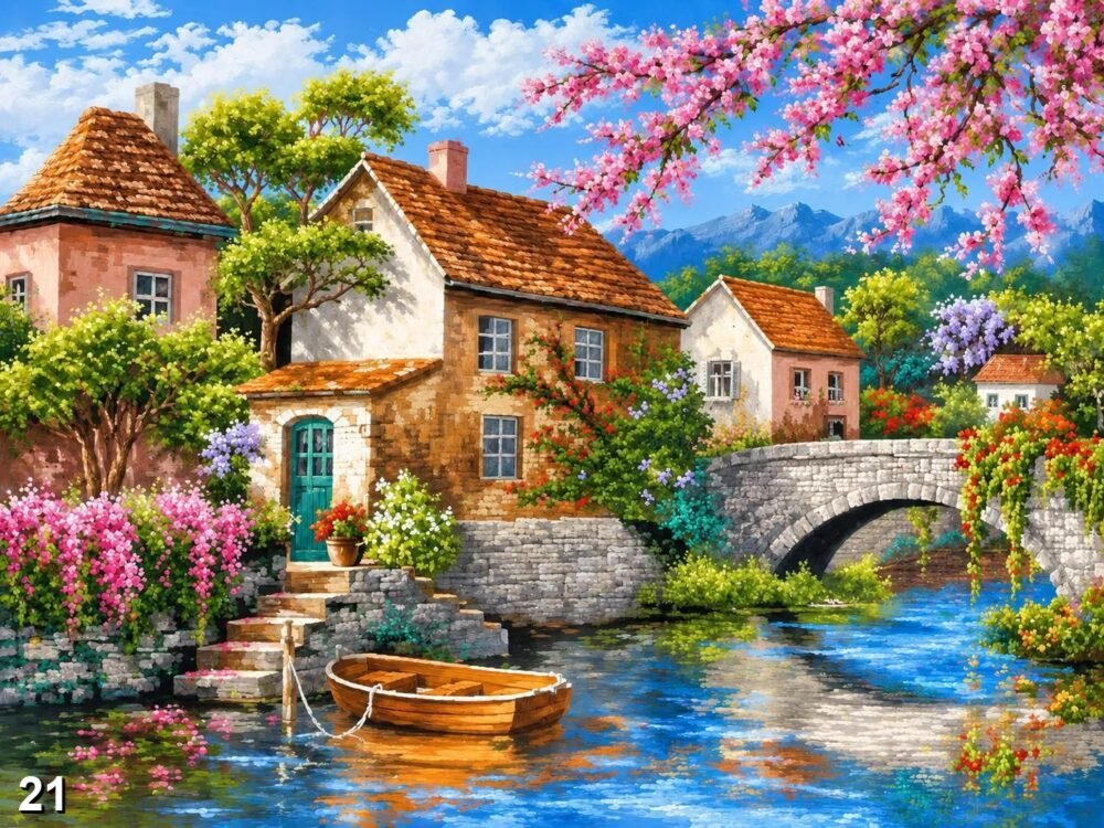Диамантен гоблен „Лодка в цъфналото селце“ 21 · 50×40 см