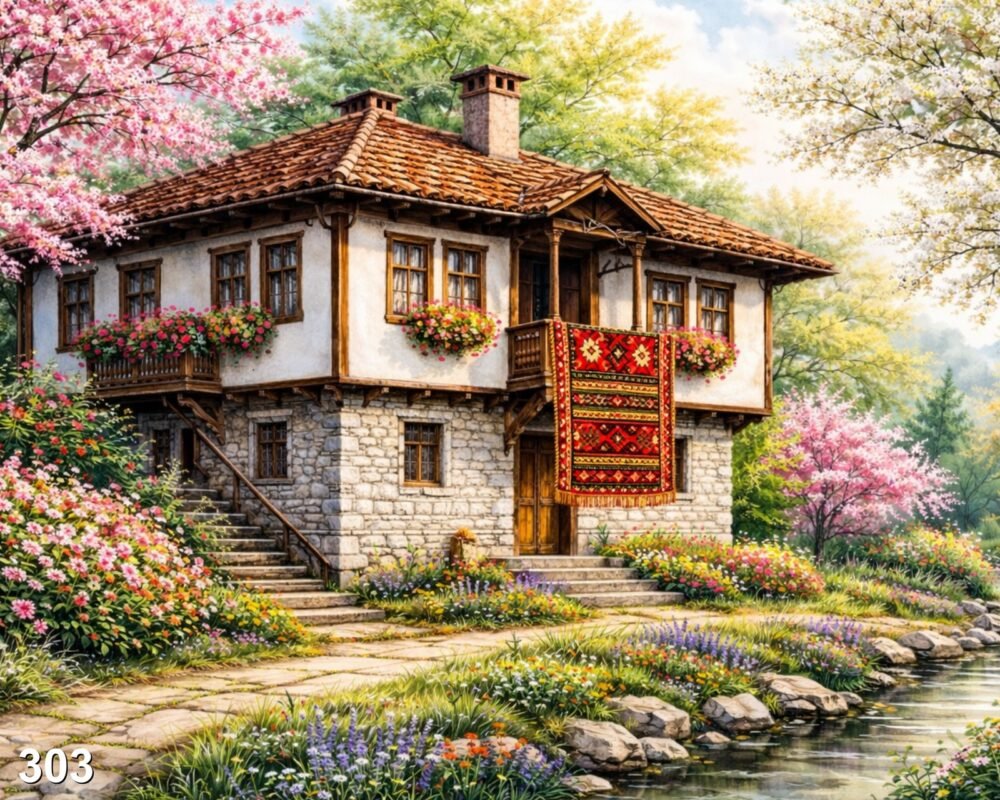 Диамантен гоблен „Къща с китеник през пролетта“ 303 · 50×40 см